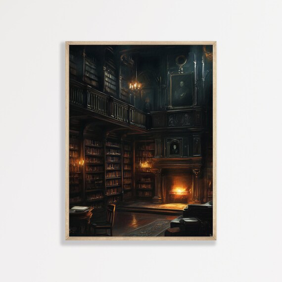 Dark Academia Grand Library Fireplace Candlelit Moody Interior Poster