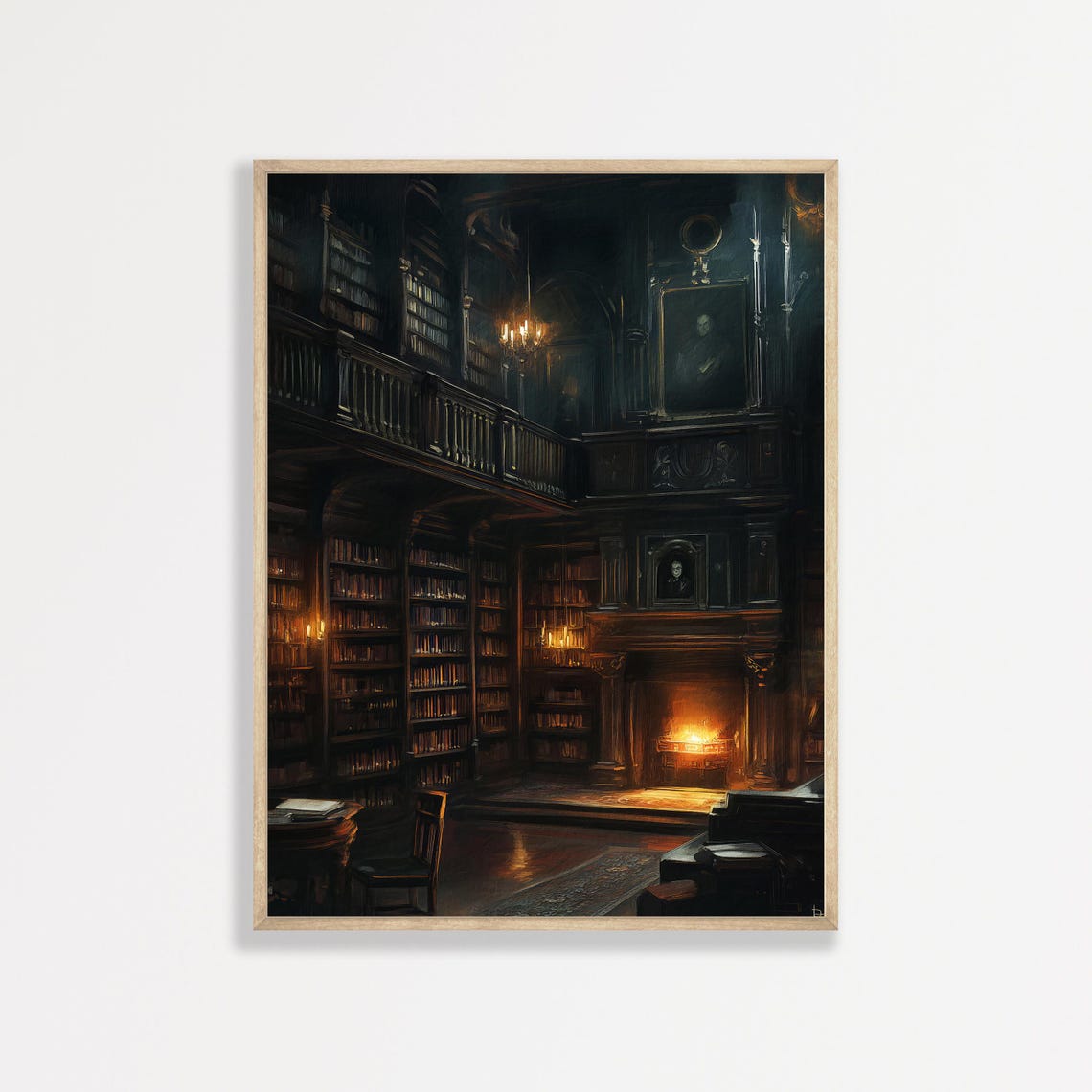 Dark Academia Grand Library Fireplace Candlelit Moody Interior Poster