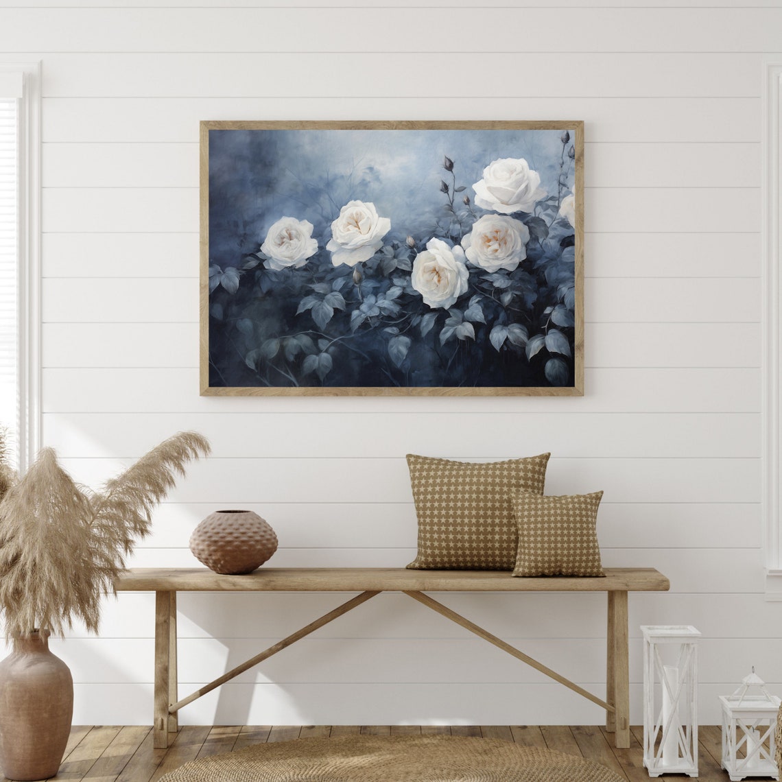 Vintage Roses Painting Antique Moody Still Life Wall Art Print Minimal Indigo Blue Floral Home Decor P 918 - Image 3