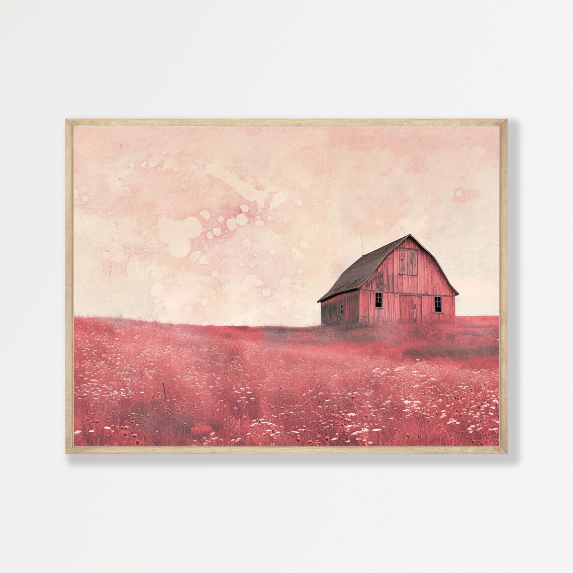 Red Barn Pink Wildflower Field Watercolor Countryside Art Poster