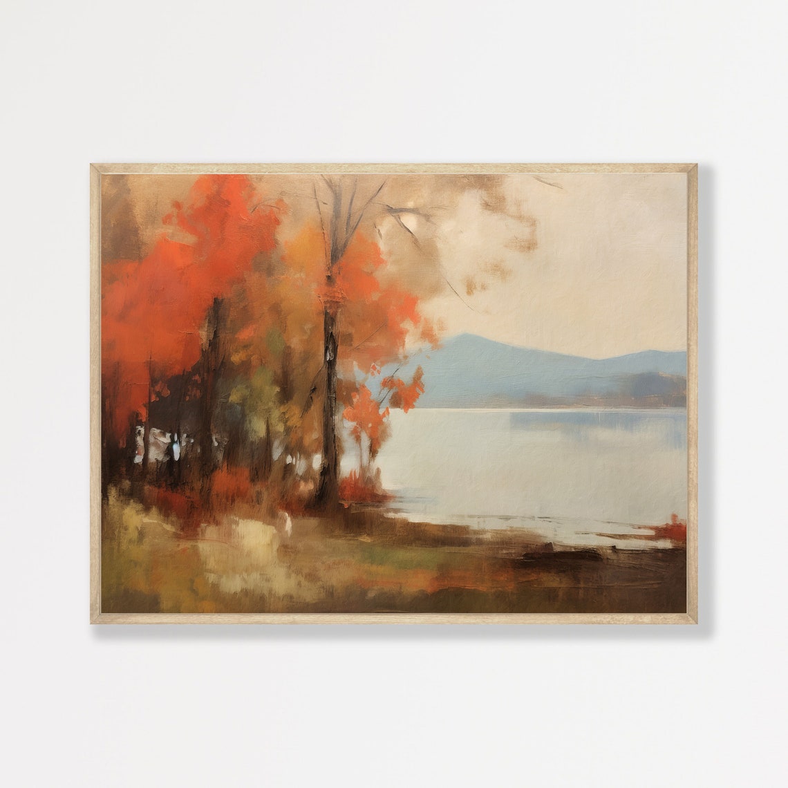 Autumn Lake Painting Moody Vintage Wall Art Rustic Abstract Landscape Minimal Farmhouse Decor P 821