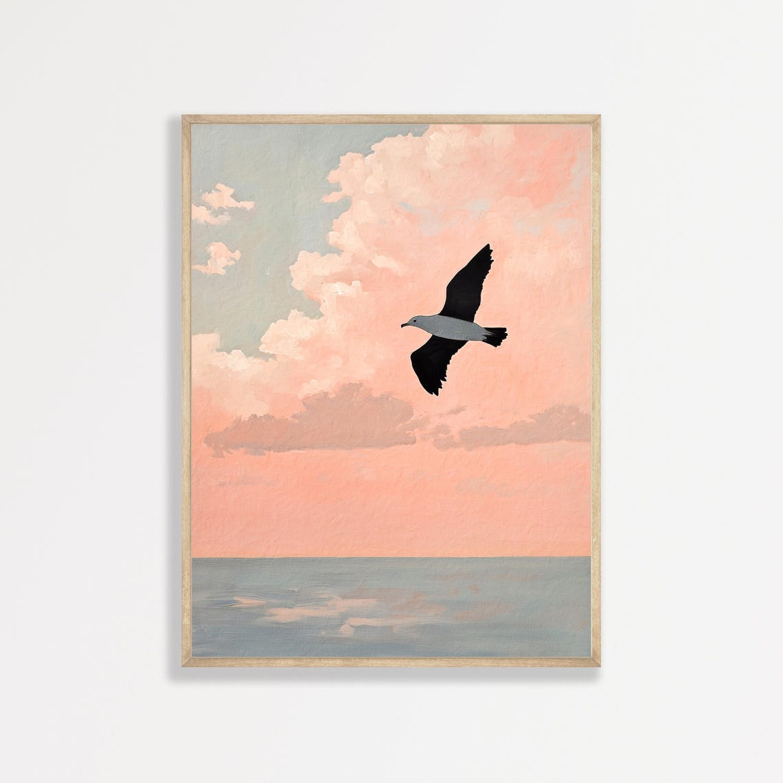Flying Seagull Pastel Pink Sunset Clouds Calm Ocean Bird Art Poster