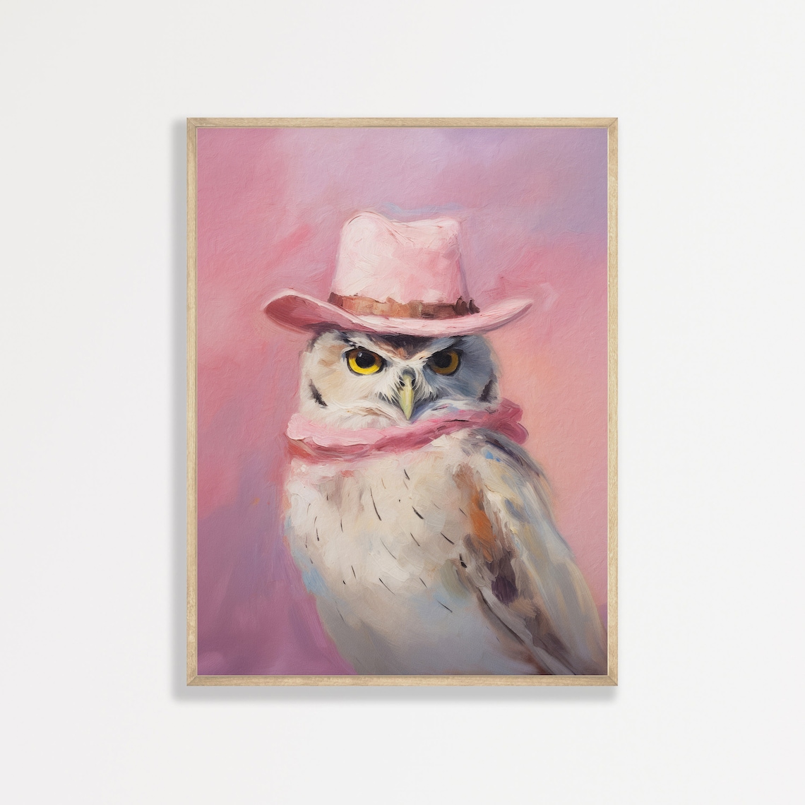 Owl In Pink Cowboy Hat And Scarf Funny Bird Portrait Wall Art