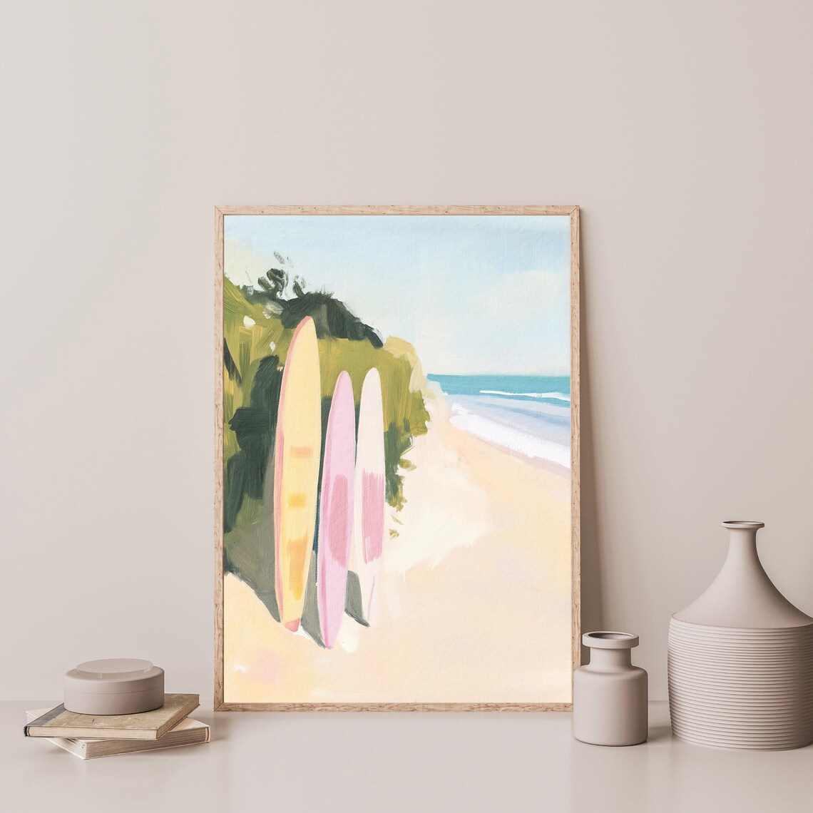 Retro Pastel Surfboards Sandy Beach Turquoise Coast Painting Poster - Image 3