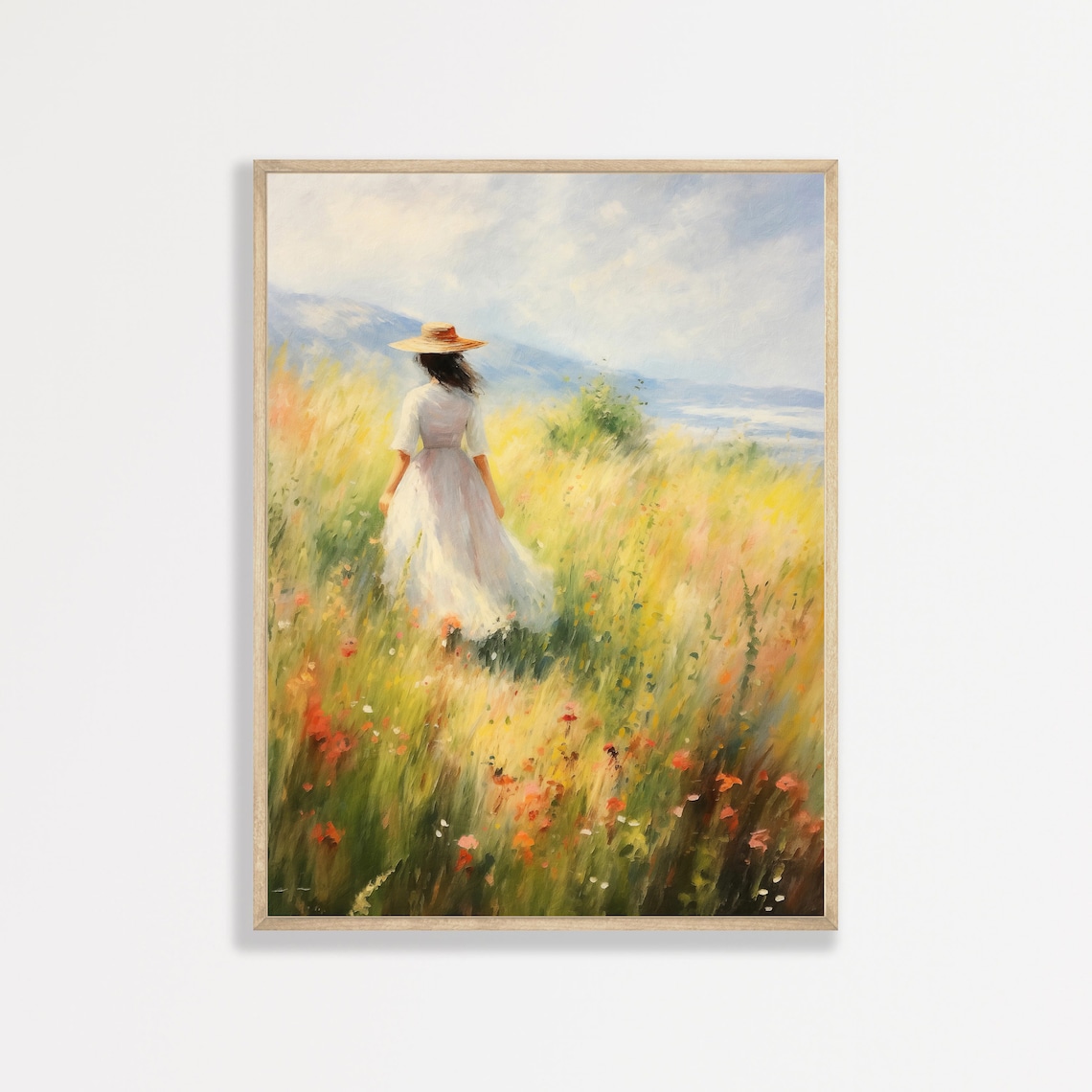 Young Woman in White Dress Straw Hat Meadow Walk Vintage Wall Art