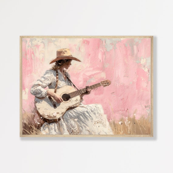 Cowgirl Guitar Painting Retro Girly Aesthetic Wall Art Minimal Farmhouse Country Decor Vintage Pastel Artwork P 513
