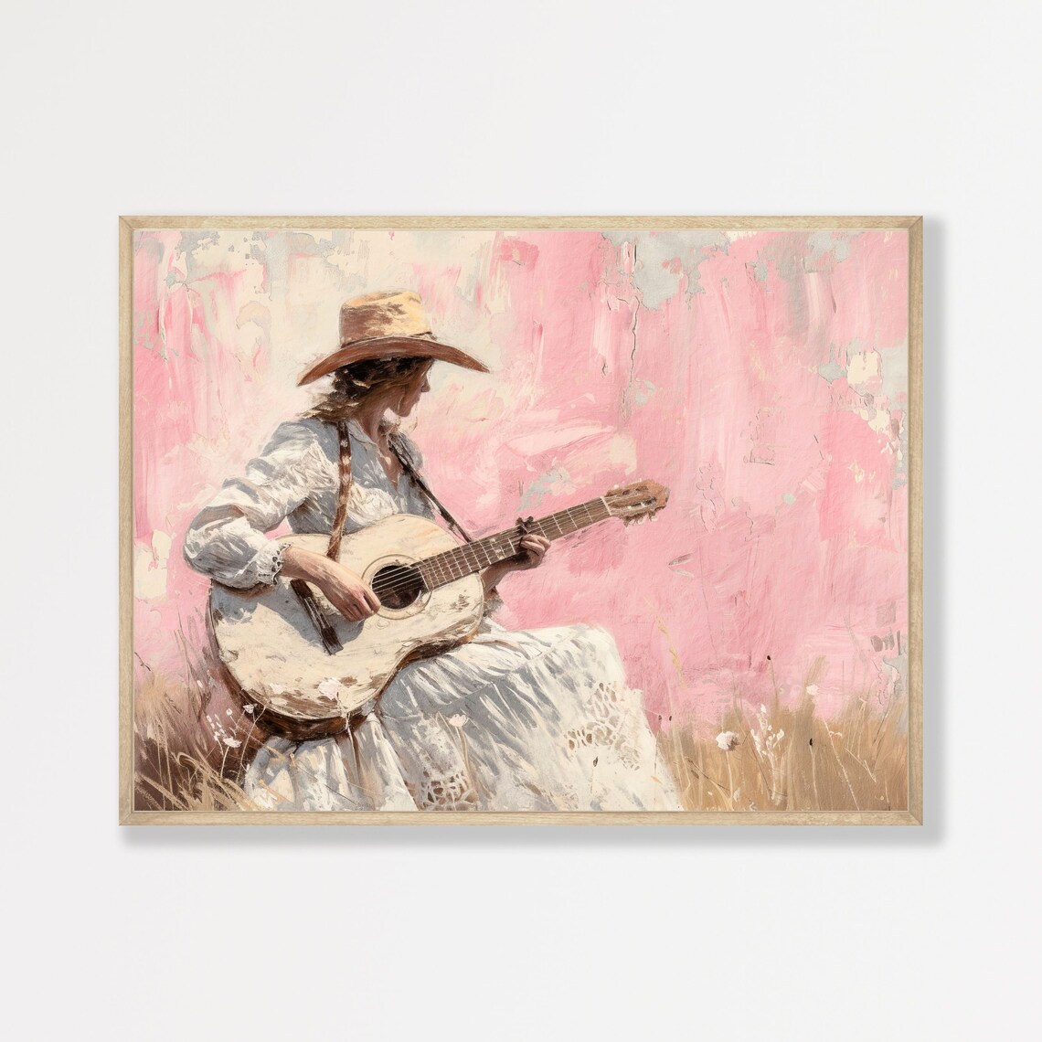 Cowgirl Playing Guitar Pink Wheat Field Western Painting Poster
