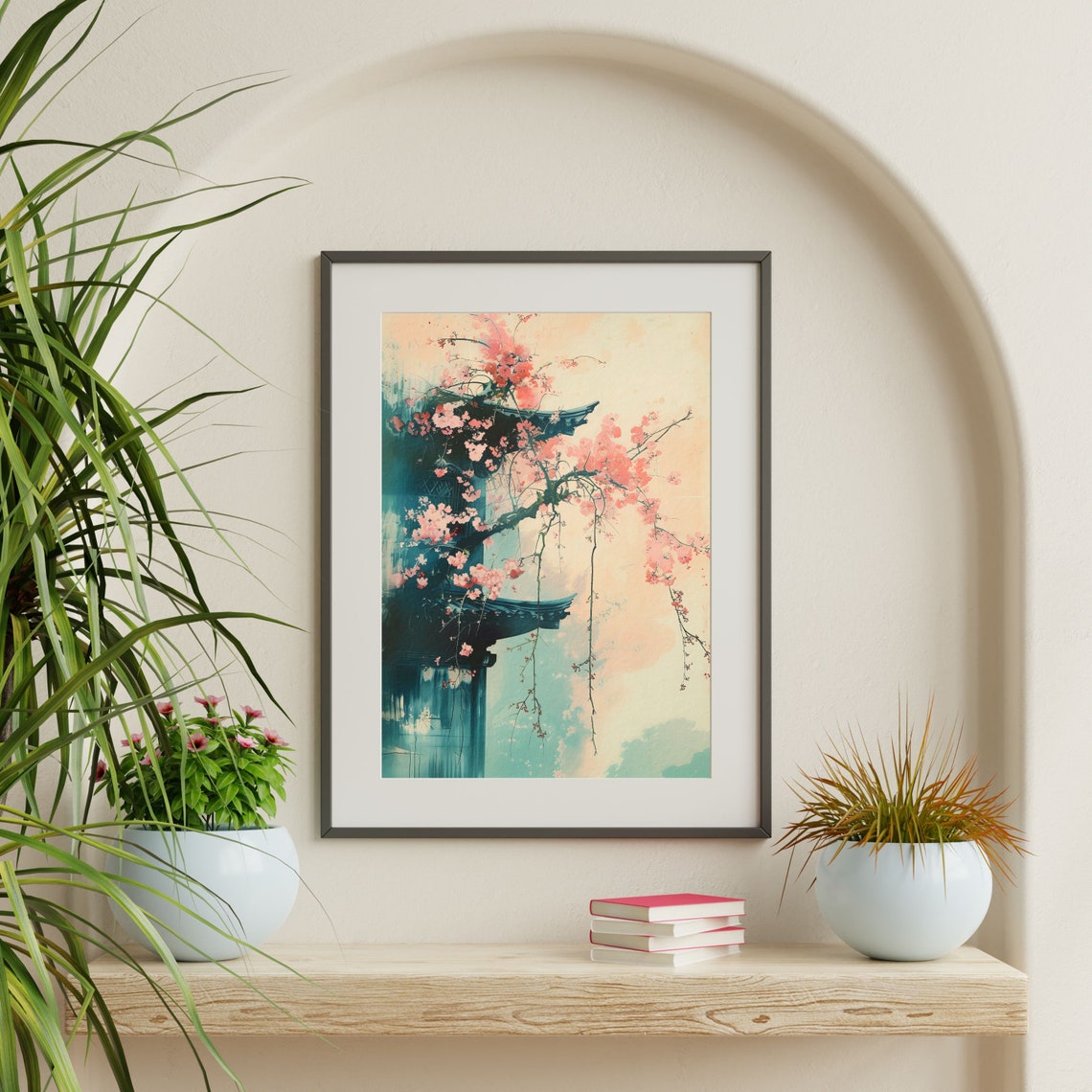 Japanese Temple Roofline Pink Cherry Blossoms Spring Travel Poster - Image 2