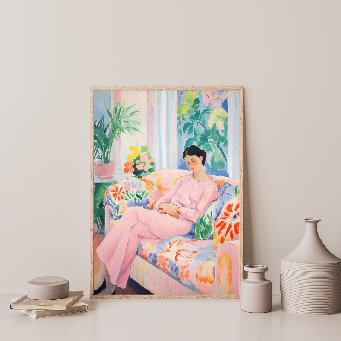 Sleeping Woman Floral Chaise Pink Pajamas Dreamy Vintage Interior Wall Art Print - Image 3