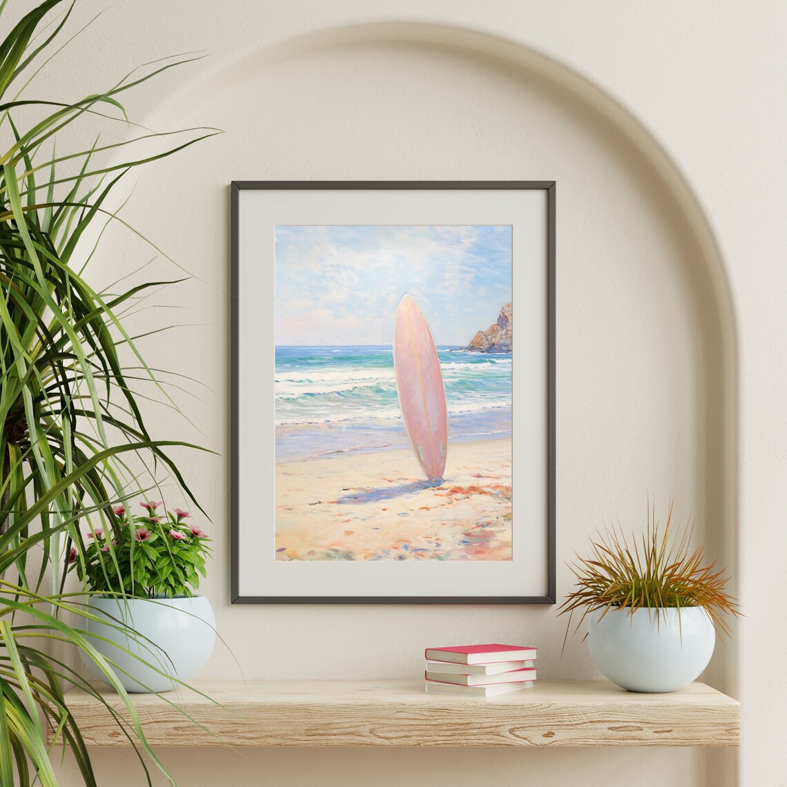 Pink Surfboard Retro Beachy Art Print, Pastel Seascape - Image 2