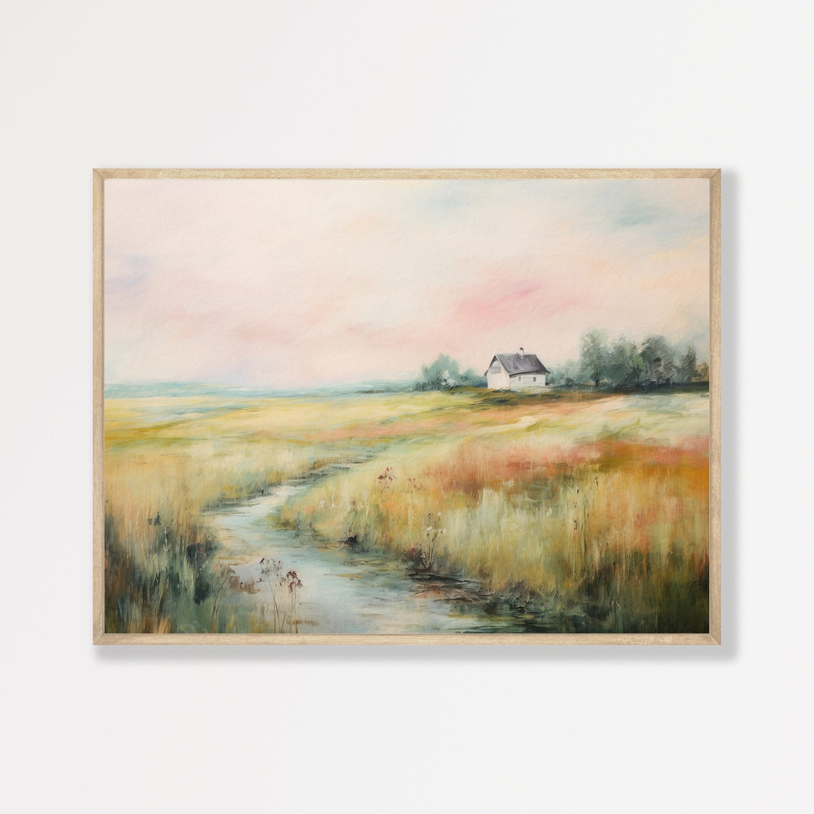 Vintage Landscape Print Cottage In The Countryside Painting Antique Minimal Farmhouse Wall Decor P 814