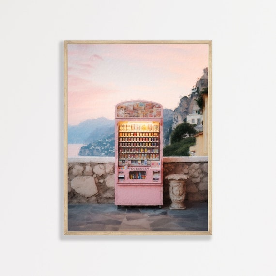 Amalfi Coast Retro Travel Poster, Pastel Pink Aesthetic
