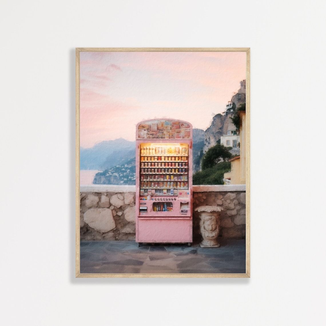 Amalfi Coast Retro Travel Poster, Pastel Pink Aesthetic