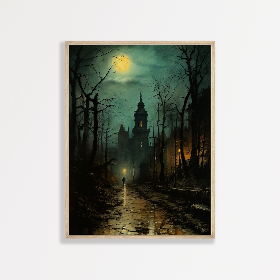 Moody Church Night Moonlit Path Dark Gothic Forest Landscape Wall Art Print