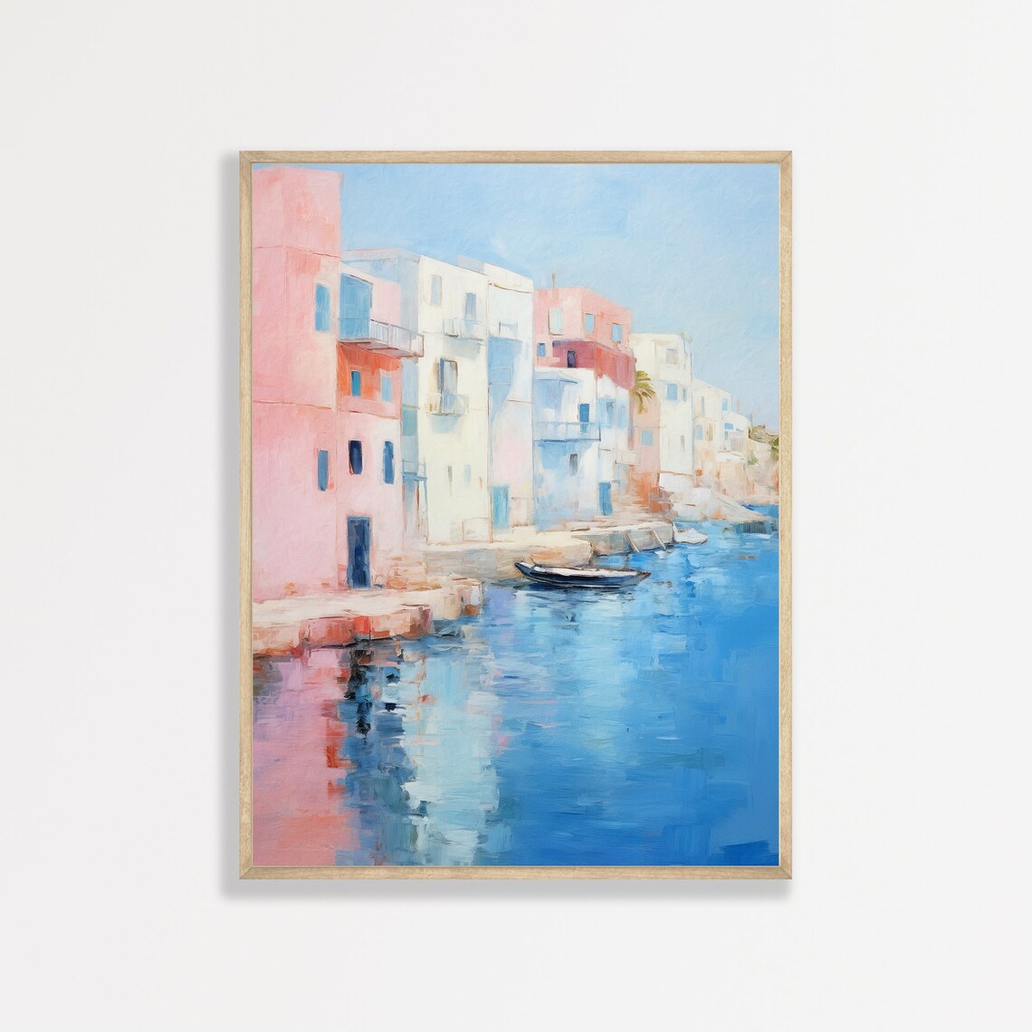 Greek Island Pastel Harbor Waterfront Houses Blue Water Travel Poster