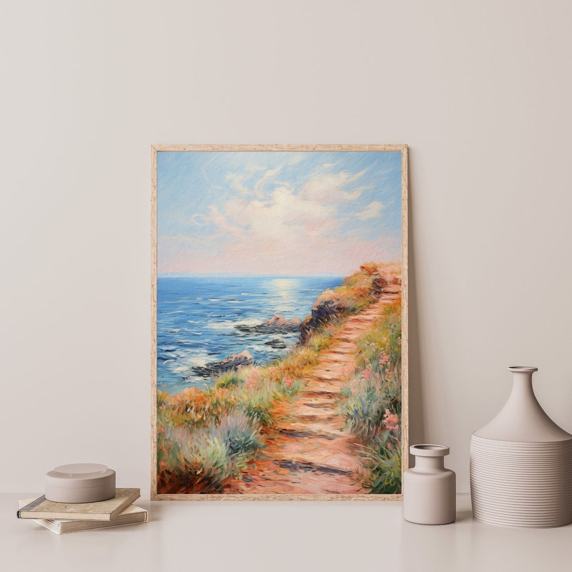 Coastal Cliff Path Wildflowers Rocky Shore Blue Ocean Painting Poster - Image 3