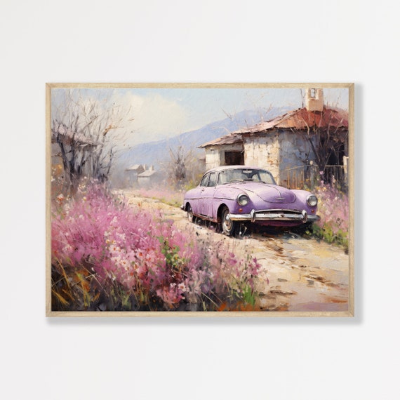 Countryside Car Painting Eclectic Country Wall Art Vintage Purple Aesthetic Decor Antique Trendy Farmhouse Print P 631