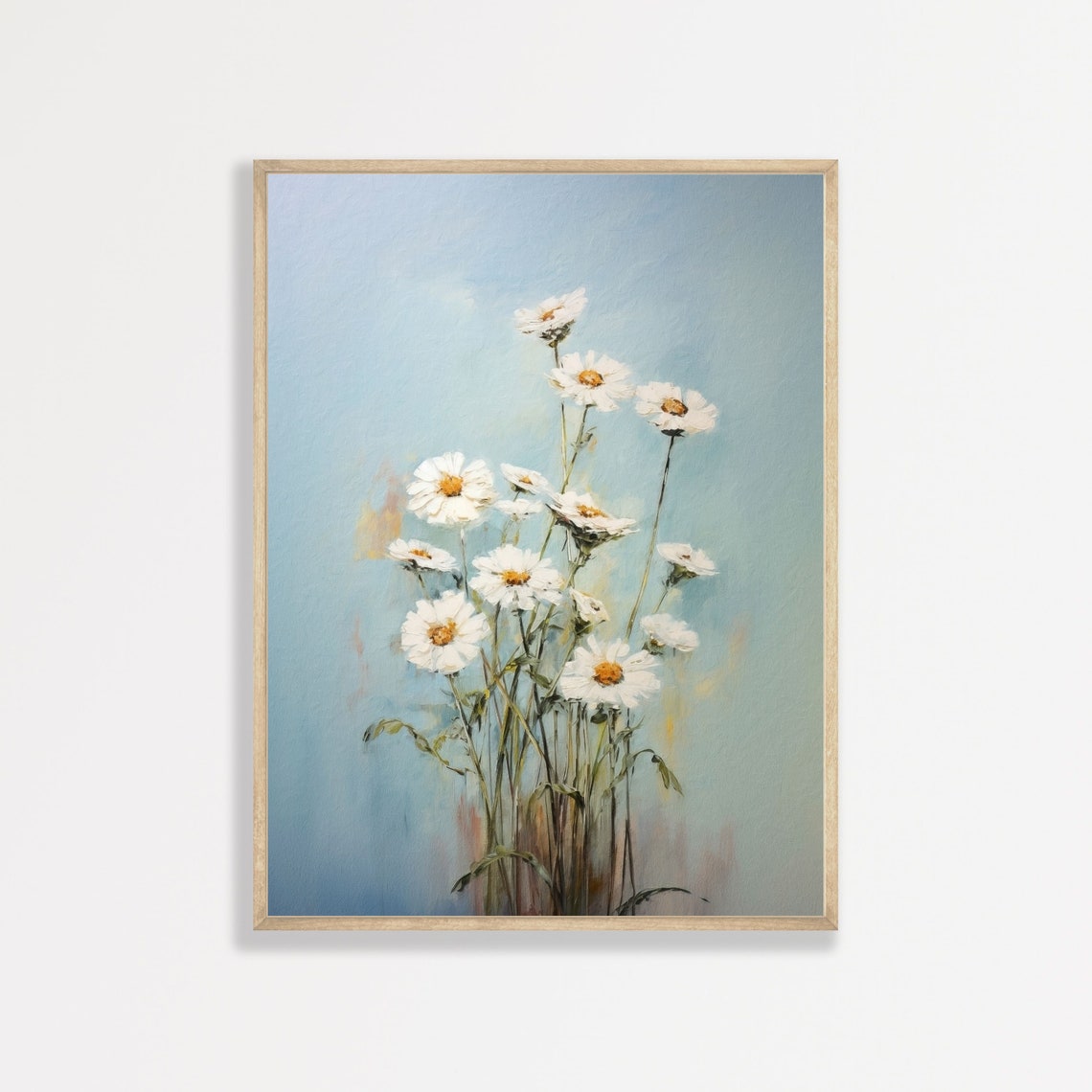 White Daisy Cluster Pastel Blue Impressionist Floral Art Poster