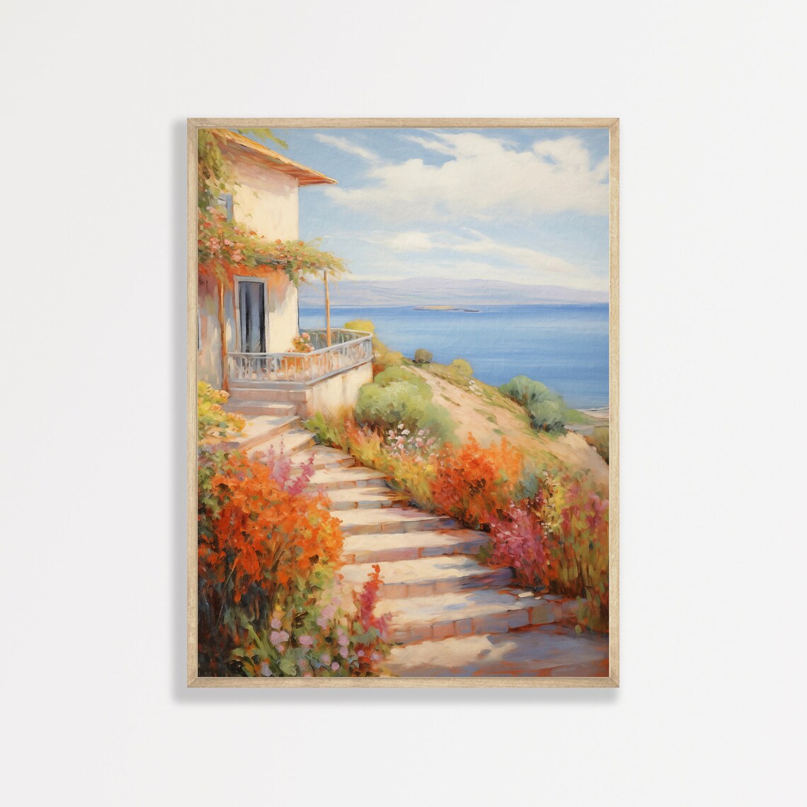 Italian Coastal Villa Stairway Garden Sea View Vintage Painting Poster