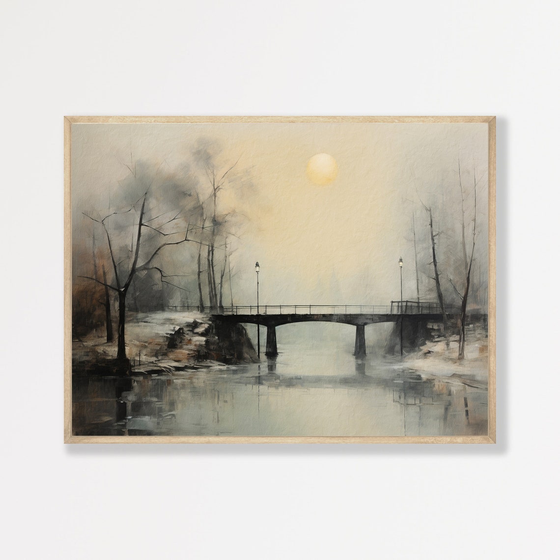 Foggy Winter Night Stone Bridge Under a Pale Moon Landscape Poster