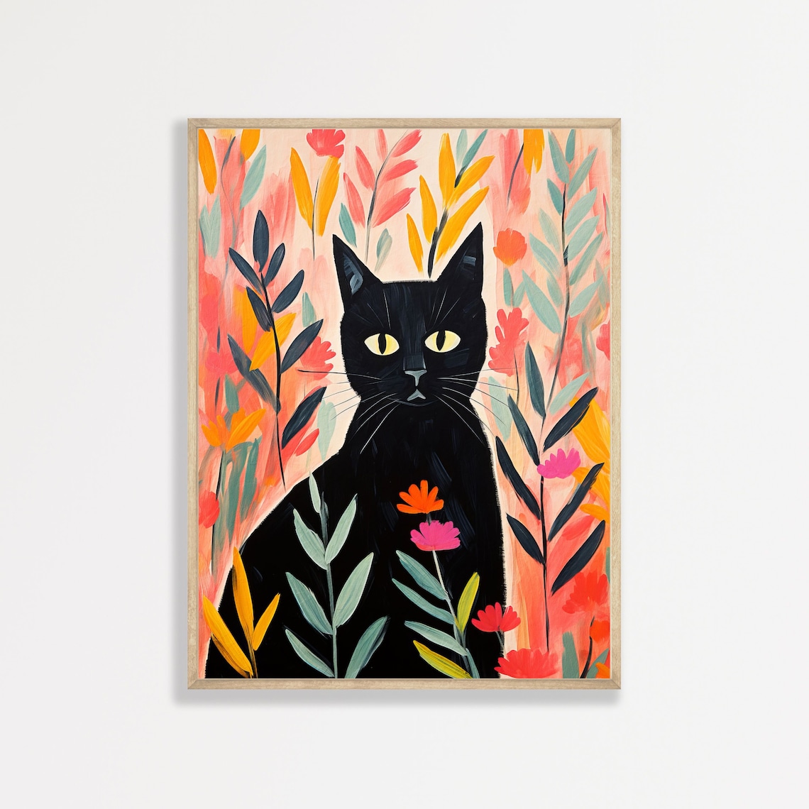 Black Cat Retro Preppy Art Print, Minimal Boho