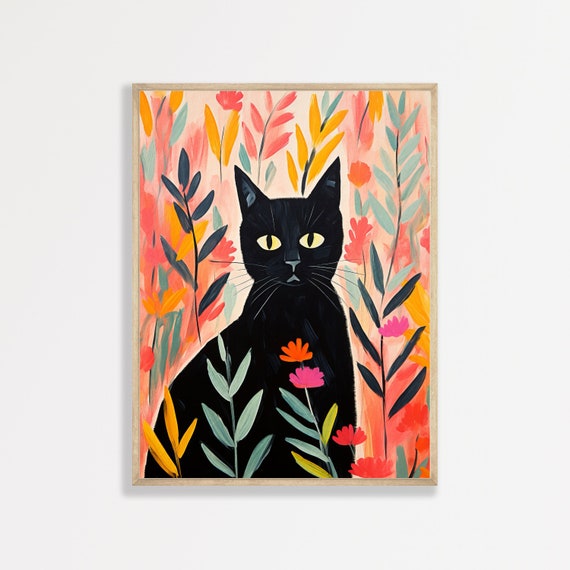 Black Cat Retro Preppy Art Print, Minimal Boho