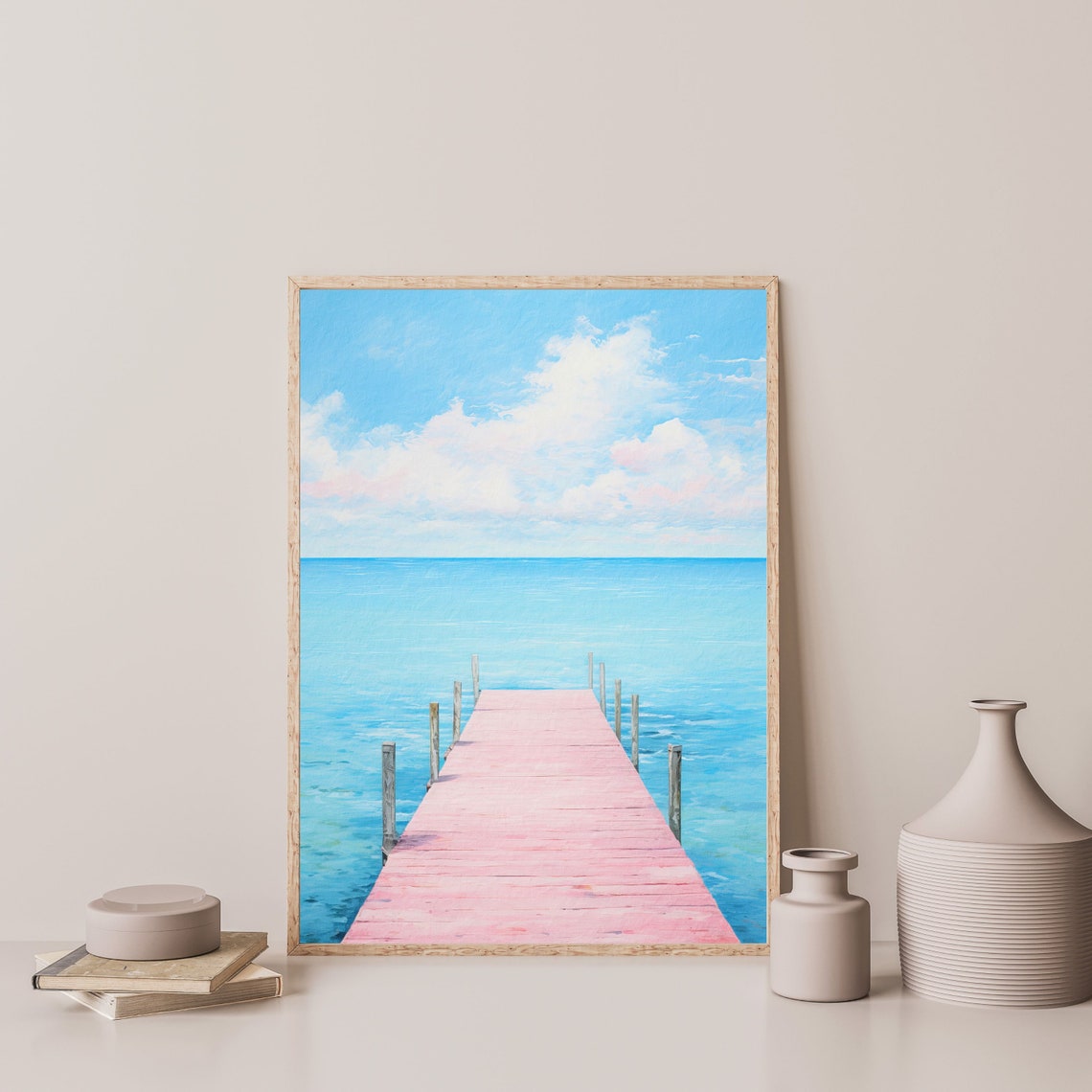 Pink Wooden Dock Turquoise Sea Bright Blue Sky Pastel Painting Poster - Image 3