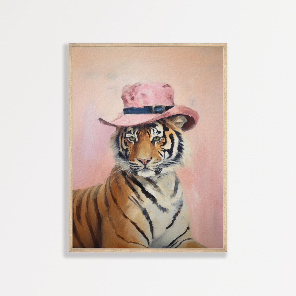 Tiger Wearing Pink Cowboy Hat Whimsical Animal Portrait Wall Art