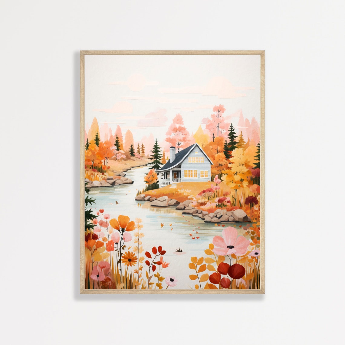 Boho Wall Art Print Minimal Lake House Landscape Painting Mid Century Modern Home Apartment Decor Retro Aesthetic Poster P 477