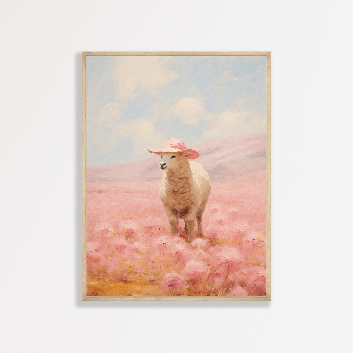 Sheep Pink Cowboy Hat Pink Flower Field Whimsical Farm Animal Poster