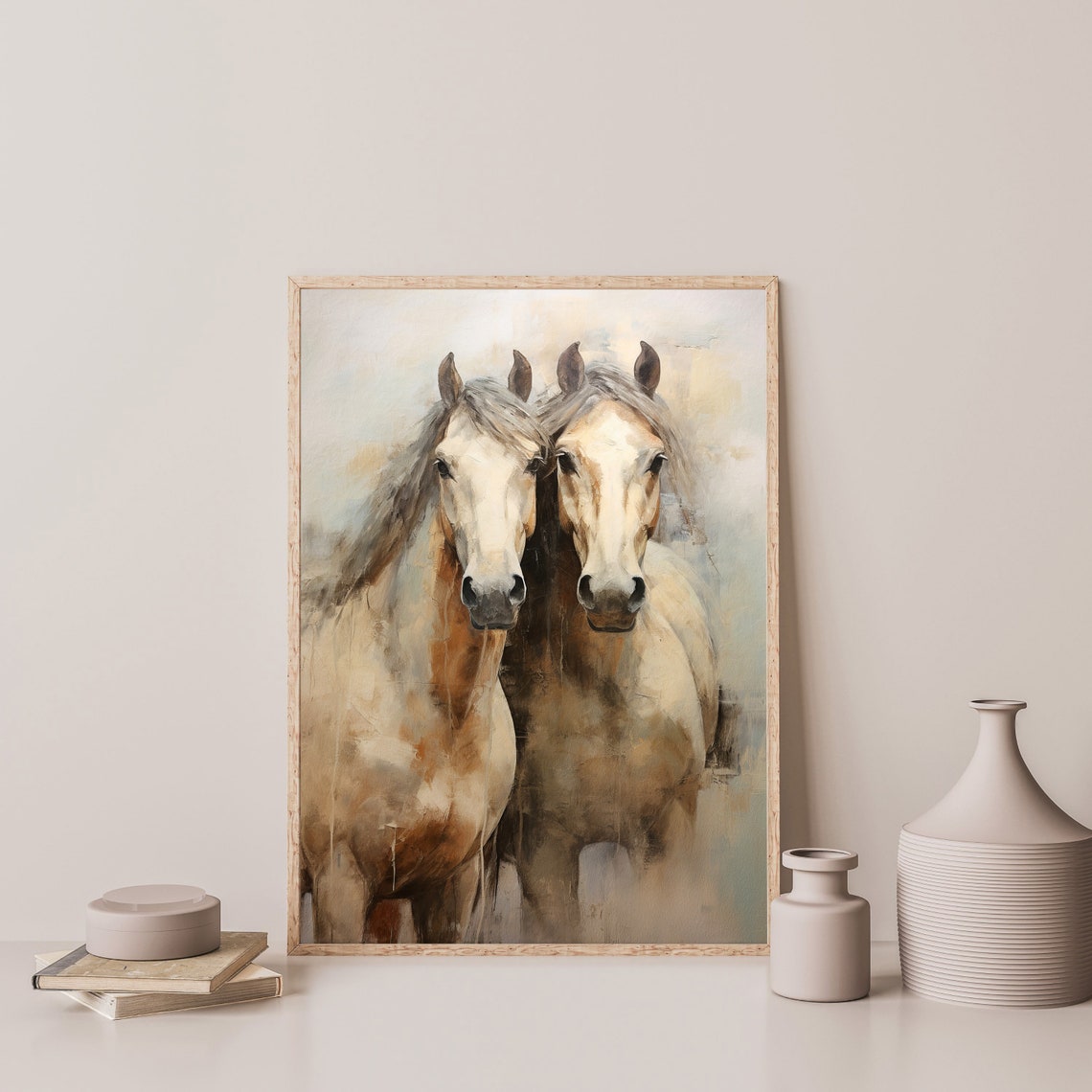 Two Cream Horses Portrait in Soft Neutral Tones Equestrian Wall Art - Image 3