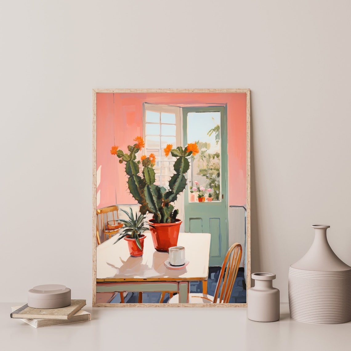 Orange Bloom Cactus Sunlit Pink Interior Still Life Wall Art Poster - Image 3