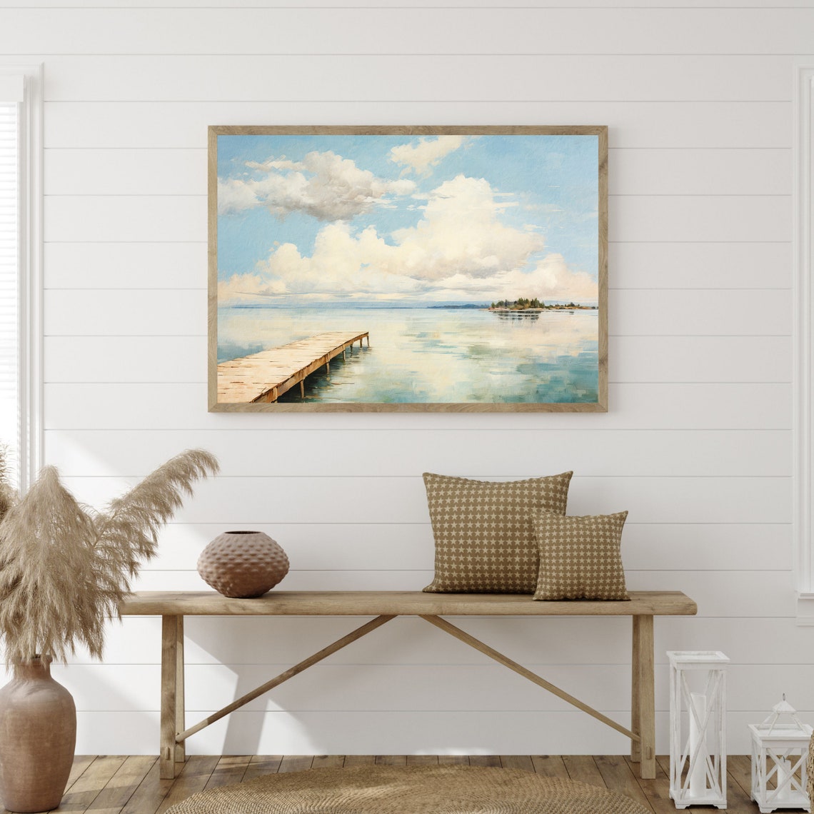 Vintage Lake Painting Antique Lake House Wall Art Minimal Rustic Home Decor P 759 - Image 3