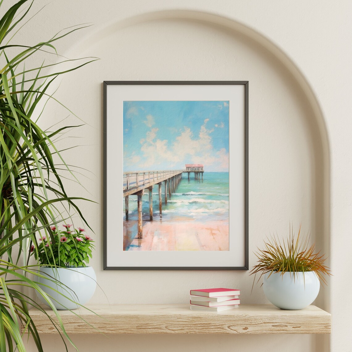 Retro Coastal Pier Painting Beach Landscape Art Print - Image 2