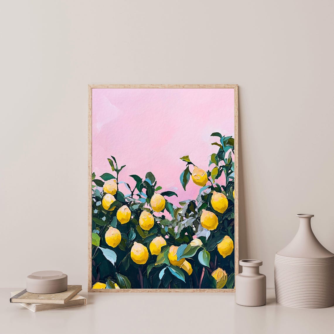 Lemon Tree Pink Sky Yellow Lemons Bold Botanical Retro Art Poster - Image 3