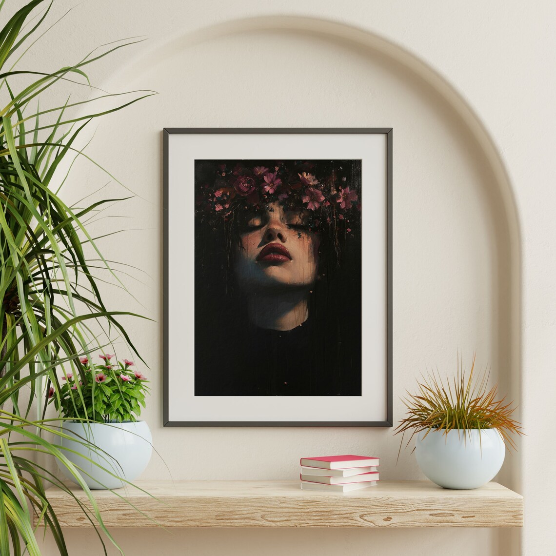 Dark Moody Woman Portrait Pink Flowers Gothic Dramatic Oil Wall Art Print - Image 2
