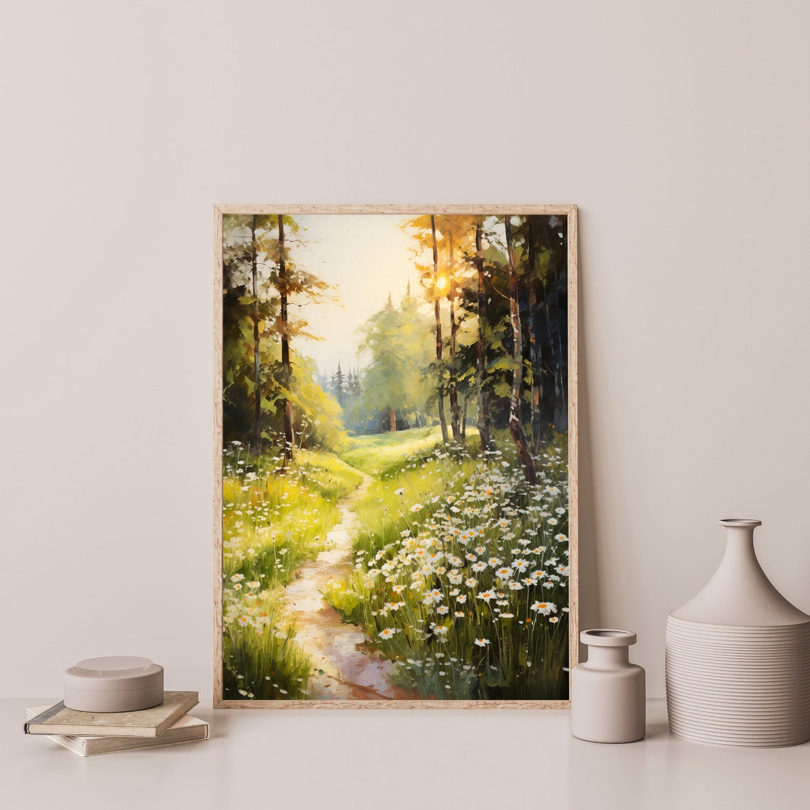 Sunlit Forest Path with White Daisies Summer Woodland Wall Art Print - Image 3