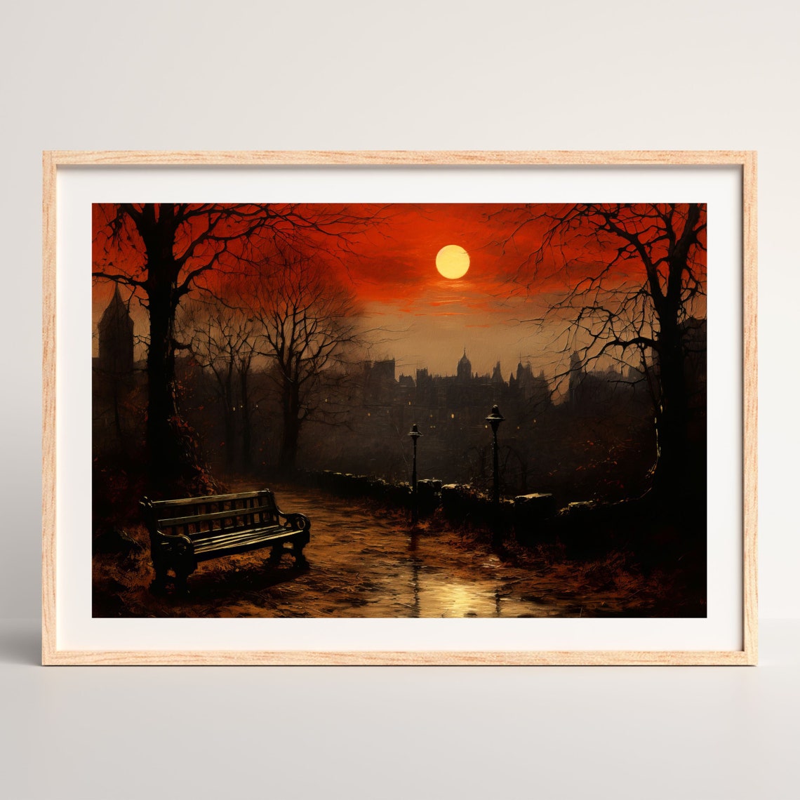Blood Red Moon Night Park Bench Bare Trees Dark Moody Travel Poster - Image 2