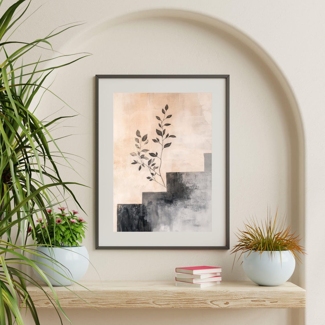 Minimal Botanical Sprig Beige Gray Abstract Modern Neutral Wall Art - Image 2