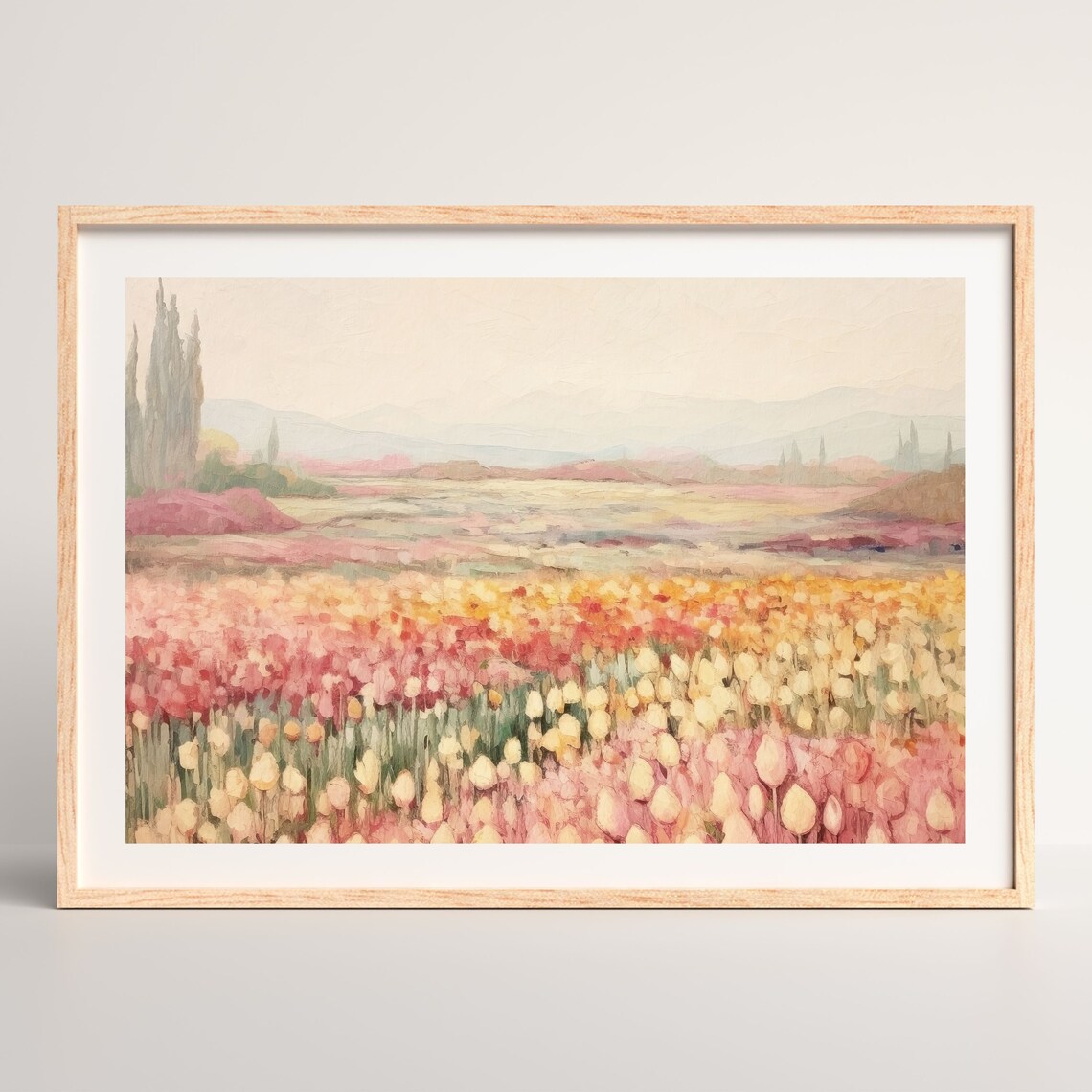 Countryside Tulip Field, Muted Pastel Landscape Art Print - Image 2