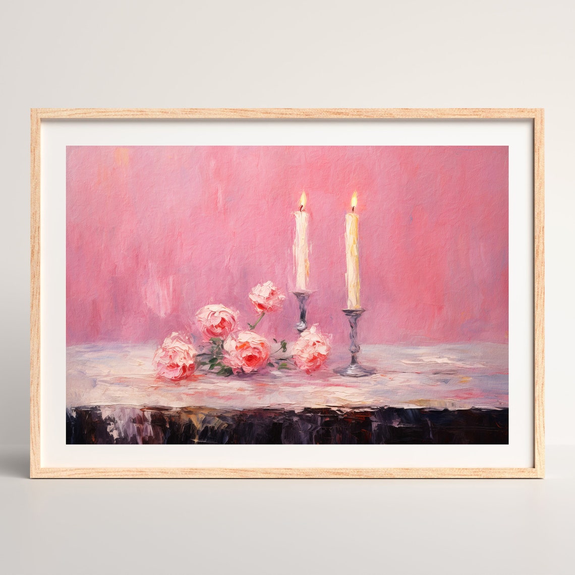 Two Candles Pink Roses Still Life Soft Pink Background Romantic Poster - Image 2