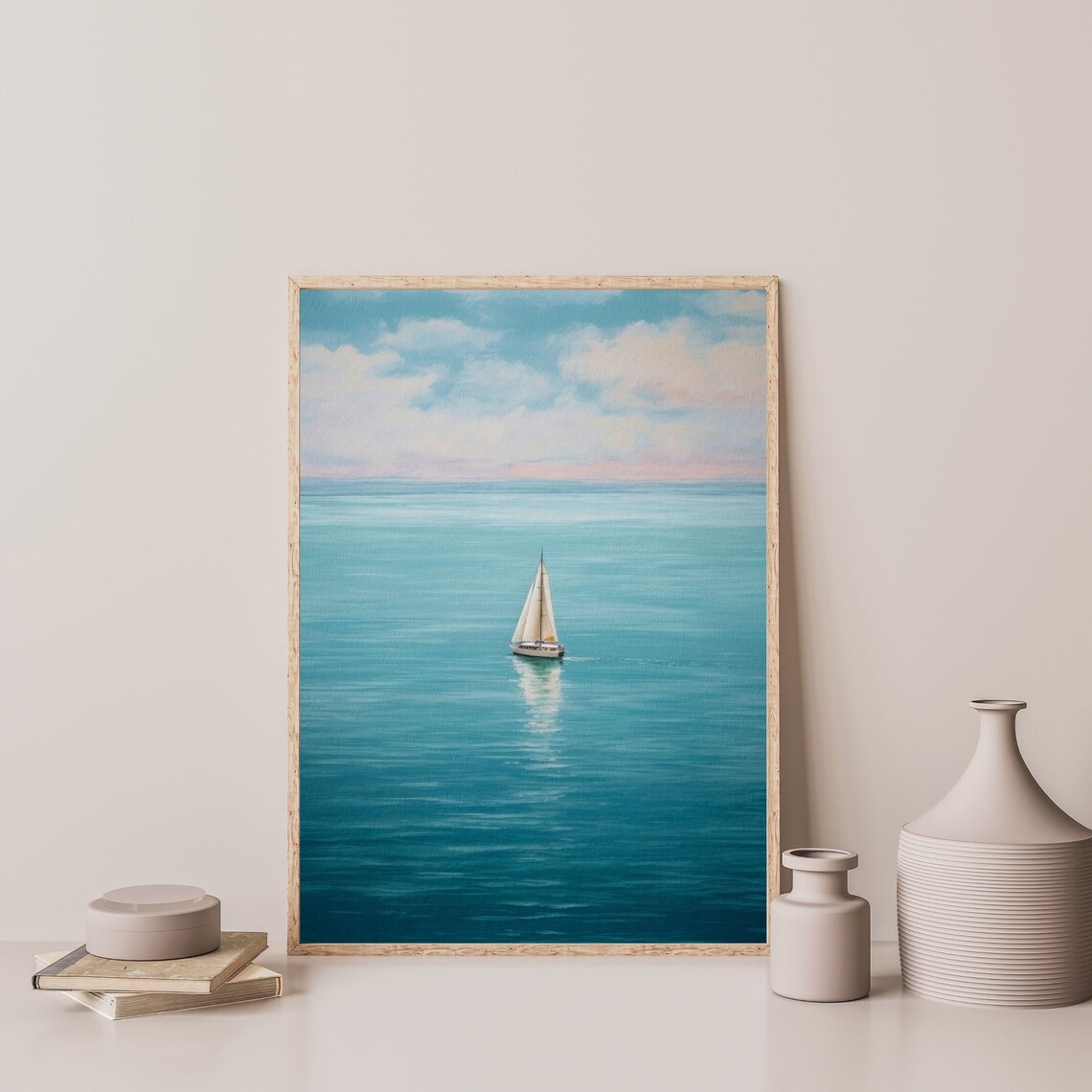 Lone Sailboat Retro Minimal Seascape Art Print - Image 3
