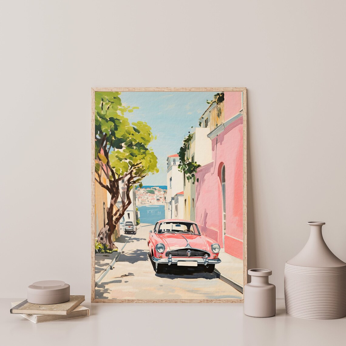 Vintage Red Car Pink Coastal Street Sea View Retro Art Poster - Image 3