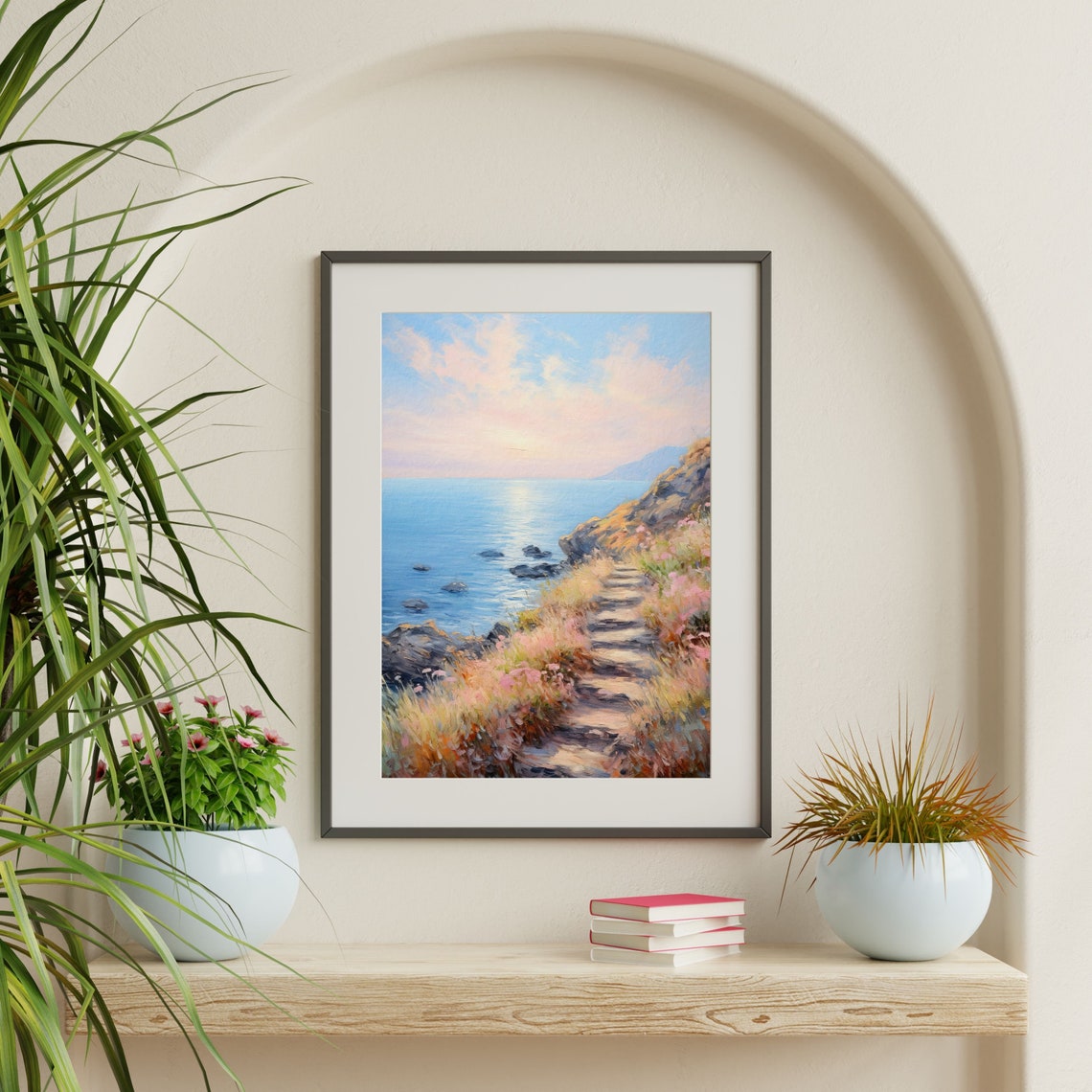 Coastal Staircase Pink Sunrise Grassy Cliffs Calm Sea Painting Poster - Image 2