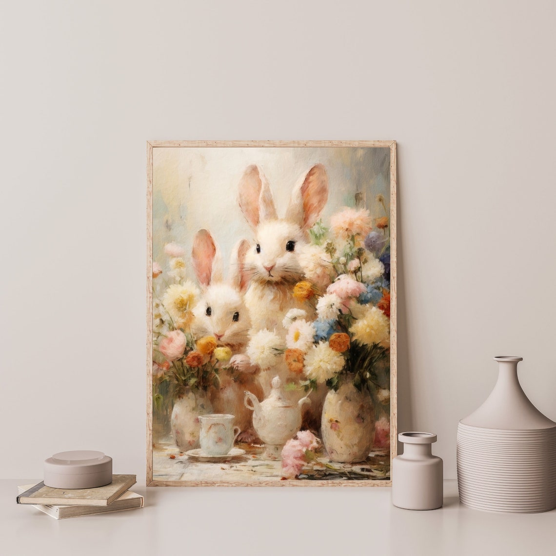 White Bunnies Spring Flowers Teapot Vintage Nursery Animal Poster - Image 3