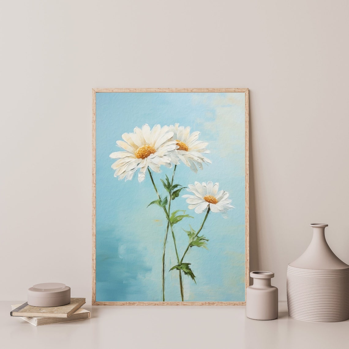 White Daisy Blooms Pale Blue Background Vintage Floral Print - Image 3