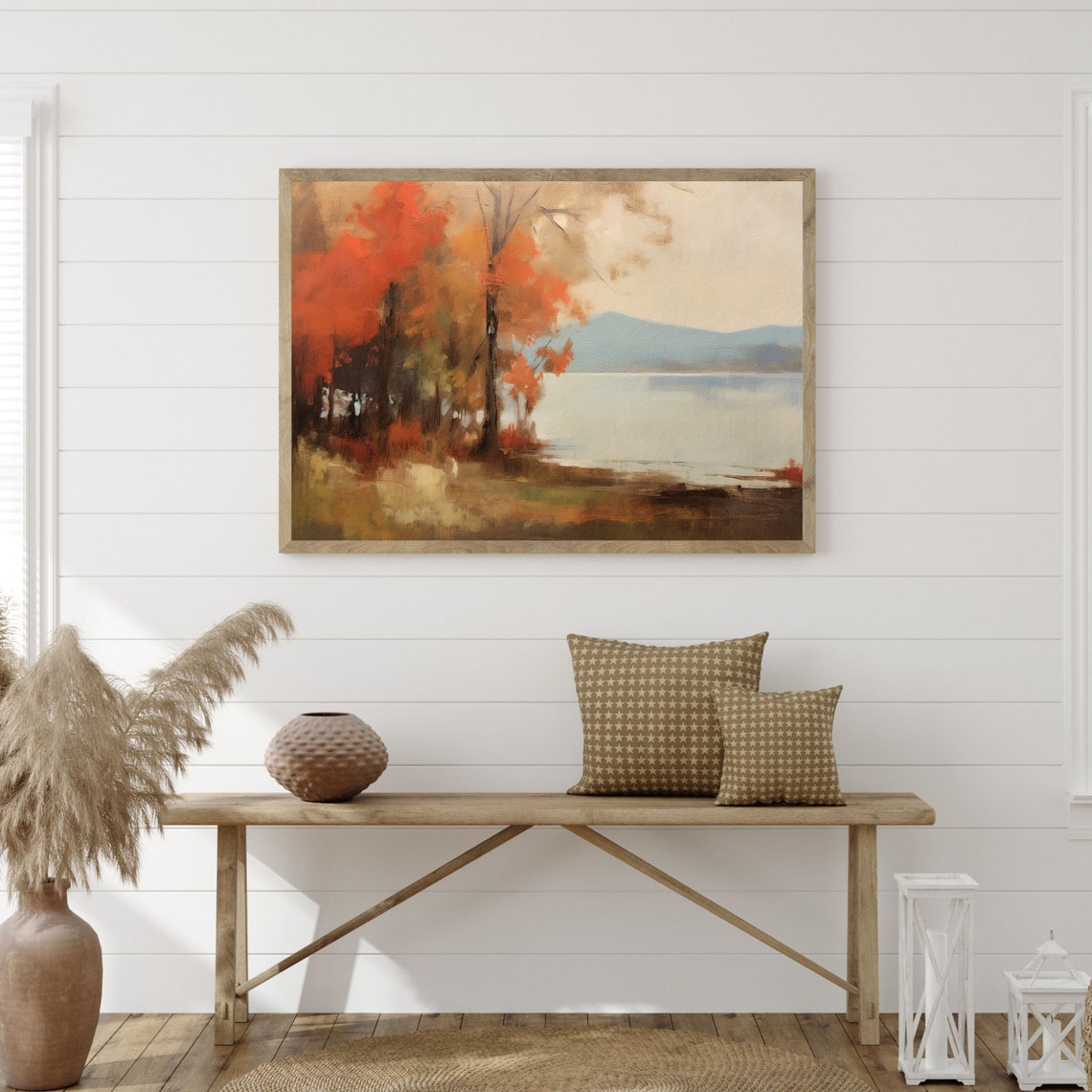 Autumn Lake Painting Moody Vintage Wall Art Rustic Abstract Landscape Minimal Farmhouse Decor P 821 - Image 3