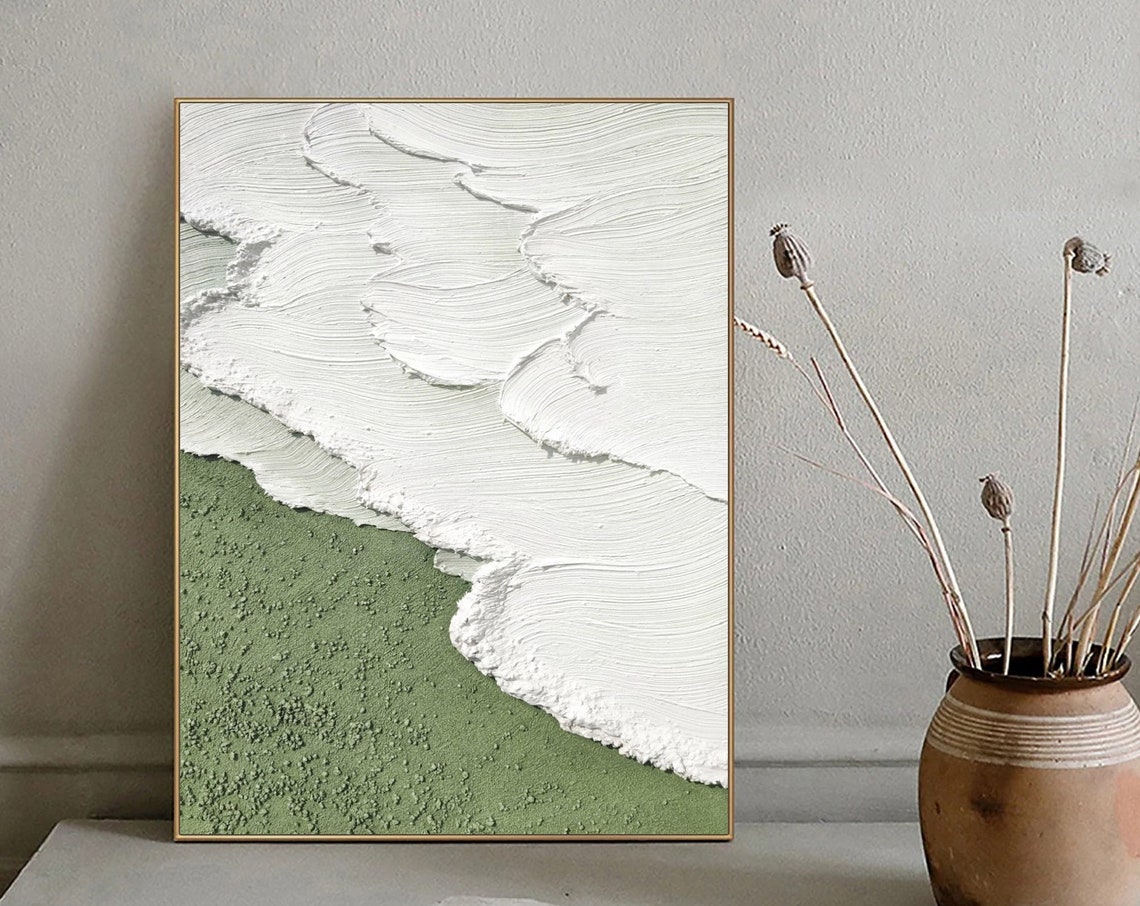 White Textured Wave Flowing Over Sage Green Abstract Painting Poster