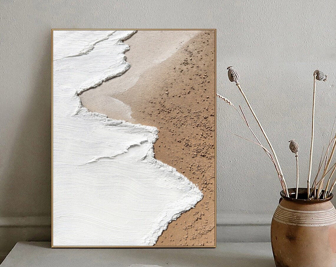 Aerial White Foam Waves Meeting Tan Sand Abstract Beach Poster