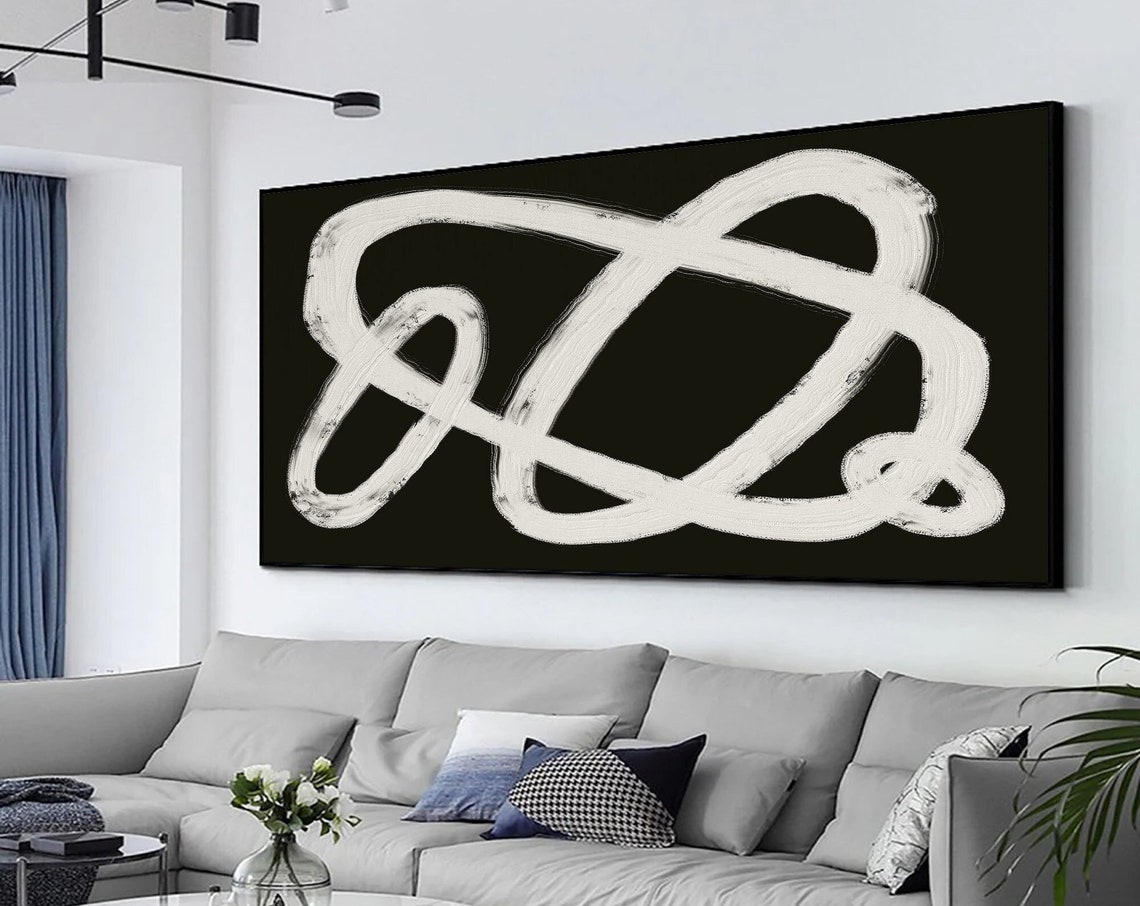 White Continuous Line Loops On Black Abstract Modern Art Poster - Image 5